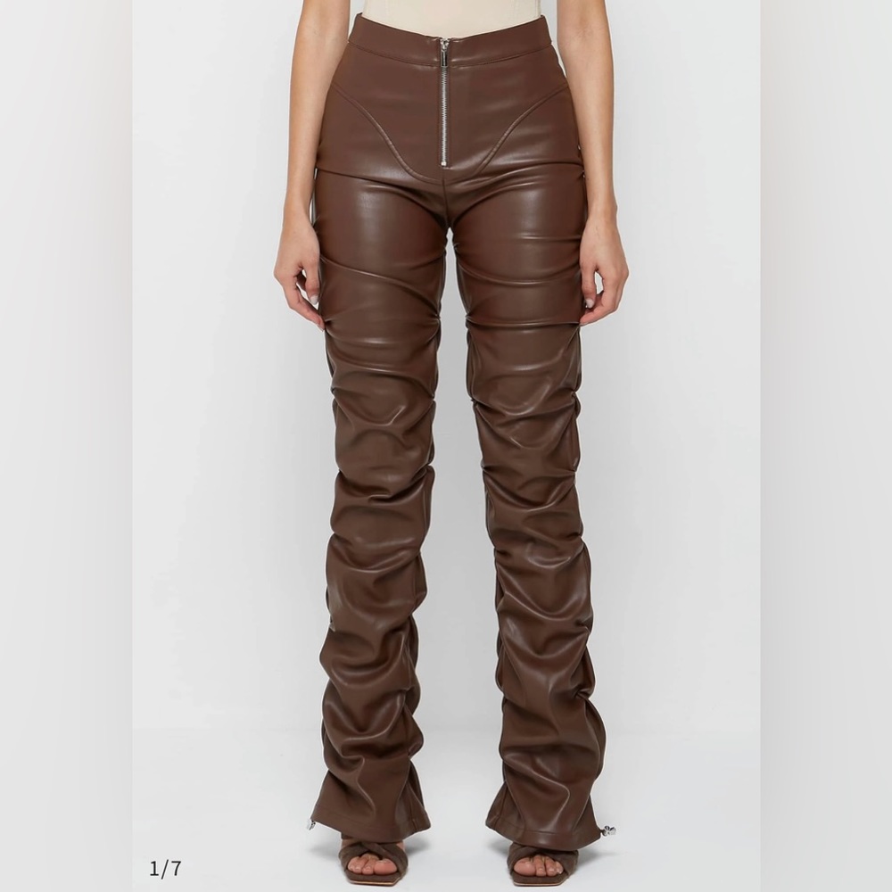 Brown Vegan Leather Stacked Pants. Maniere De Voir.